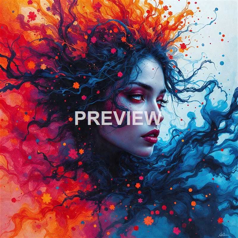 A digitally illustrated portrait of a woman with flowing, dark blue hair intertwined with small pink flowers, set against a vibrant background blending warm reds and oranges on one side and cool blues on the other.
